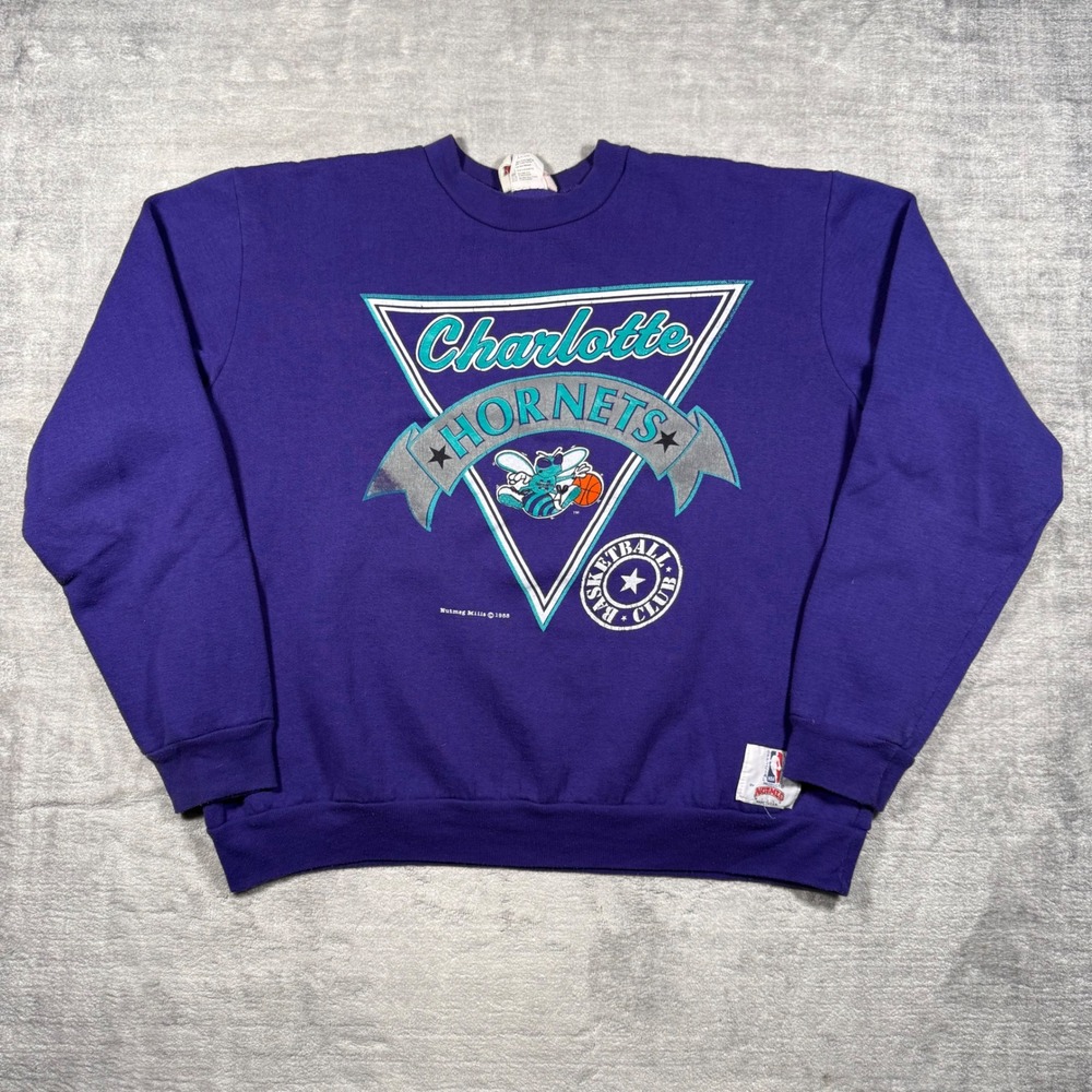 Charlotte Hornets Sweatshirt Mens Medium Purple Vintage 1988 Nutmeg NBA Crewneck